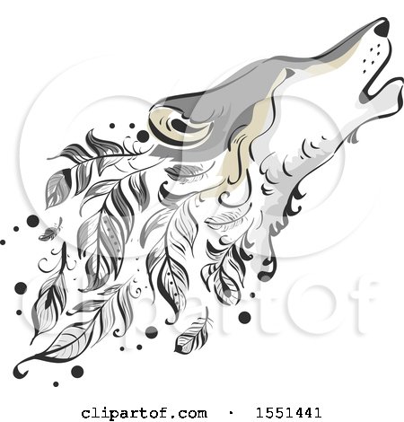 Clipart of a Boho Styled Howling Wolf Head with Feathers - Royalty Free Vector Illustration by BNP Design Studio