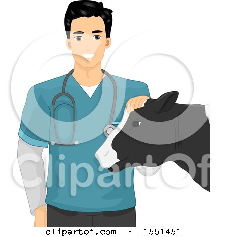 Clipart of a Male Livestock Veterinarian Petting a Cow - Royalty Free Vector Illustration by BNP Design Studio