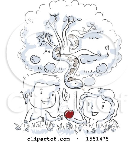 Clipart of a Sketched Scene of Eve Giving an Apple to Adam Under a Snake - Royalty Free Vector Illustration by BNP Design Studio