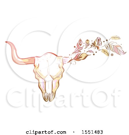 Clipart of a Boho Styled Bull Skull with Feathers - Royalty Free Vector Illustration by BNP Design Studio