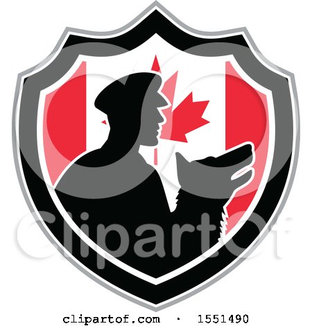 Clipart of a Retro Silhouetted Security Guard and Dog in a Canadian Flag Shield - Royalty Free Vector Illustration by patrimonio