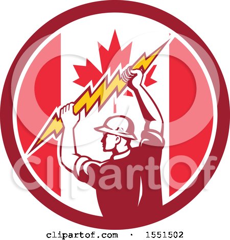 Clipart of a Retro Male Electrician Holding a Lightning Bolt in a Canadian Flag Circle - Royalty Free Vector Illustration by patrimonio