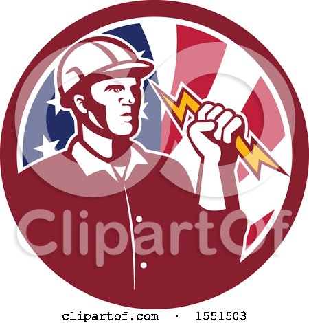 Clipart of a Retro Male Electrician Holding a Lightning Bolt in an American Flag Circle - Royalty Free Vector Illustration by patrimonio