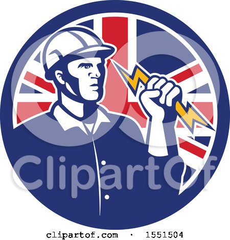 Clipart of a Retro Male Electrician Holding a Lightning Bolt in a Union Jack Flag Circle - Royalty Free Vector Illustration by patrimonio