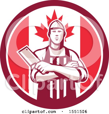 Clipart of a Retro Butcher Holding a Cleaver in Folded Arms Inside a Canadian Flag Circle - Royalty Free Vector Illustration by patrimonio