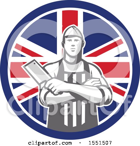 Clipart of a Retro Butcher Holding a Cleaver in Folded Arms Inside a Union Jack Flag Circle - Royalty Free Vector Illustration by patrimonio