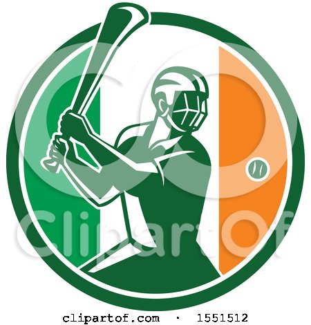 Clipart of a Retro Male Hurling Player in an Irish Flag Circle - Royalty Free Vector Illustration by patrimonio