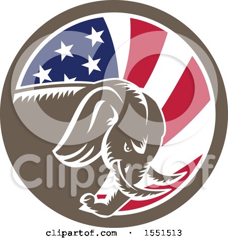 Clipart of a Retro Woodcut Charging Elephant in an American Flag Circle - Royalty Free Vector Illustration by patrimonio