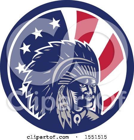 Clipart of a Retro Woodcut Native American Chief in an American Flag Circle - Royalty Free Vector Illustration by patrimonio