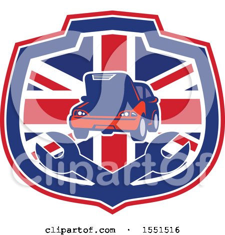 Clipart of a Retro Auto Repair Design with a Car over Wrenches in a Union Jack Shield - Royalty Free Vector Illustration by patrimonio
