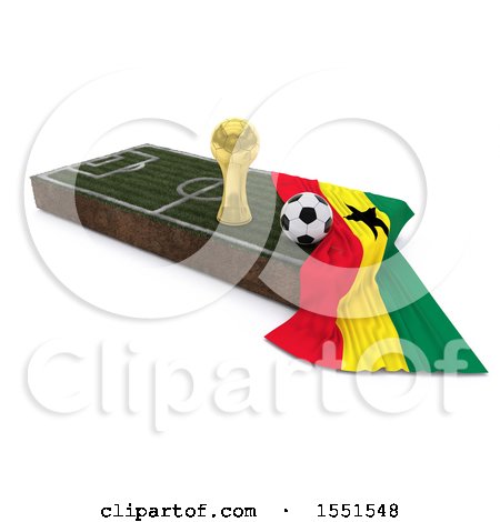 Clipart of a 3d Soccer Ball, Trophy Cup, Ghana Flag and Pitch, on a Shaded Background - Royalty Free Illustration by KJ Pargeter