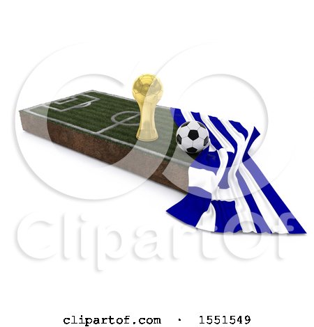 Clipart of a 3d Soccer Ball, Trophy Cup, Greece Flag and Pitch, on a Shaded Background - Royalty Free Illustration by KJ Pargeter