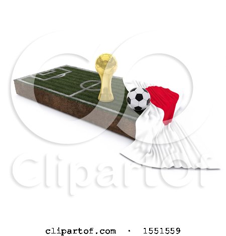 Clipart of a 3d Soccer Ball, Trophy Cup, Japan Flag and Pitch, on a Shaded Background - Royalty Free Illustration by KJ Pargeter
