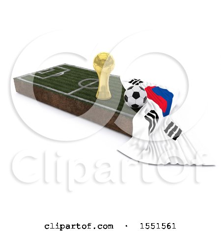 Clipart of a 3d Soccer Ball, Trophy Cup, South Korea Flag and Pitch, on a Shaded Background - Royalty Free Illustration by KJ Pargeter
