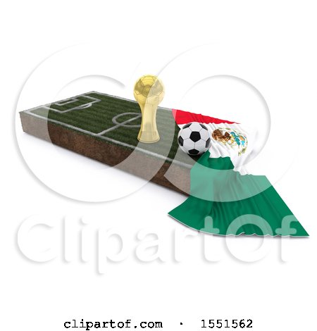 Clipart of a 3d Soccer Ball, Trophy Cup, Mexico Flag and Pitch, on a Shaded Background - Royalty Free Illustration by KJ Pargeter
