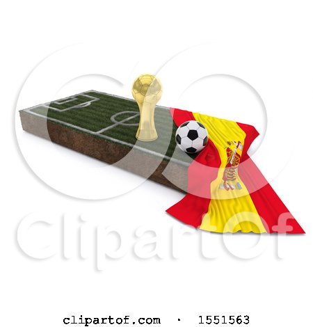 Clipart of a 3d Soccer Ball, Trophy Cup, Spain Flag and Pitch, on a Shaded Background - Royalty Free Illustration by KJ Pargeter