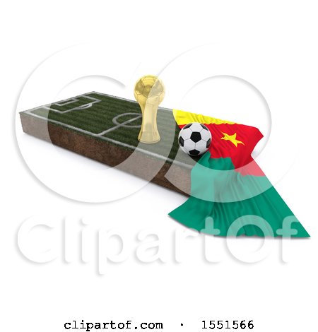 Clipart of a 3d Soccer Ball, Trophy Cup, Cameroon Flag and Pitch, on a Shaded Background - Royalty Free Illustration by KJ Pargeter
