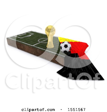 Clipart of a 3d Soccer Ball, Trophy Cup, Flag and Pitch, on a Shaded Background - Royalty Free Illustration by KJ Pargeter