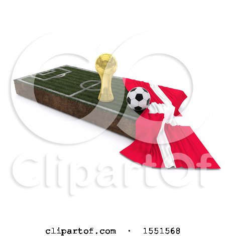 Clipart of a 3d Soccer Ball, Trophy Cup, Denmark Flag and Pitch, on a Shaded Background - Royalty Free Illustration by KJ Pargeter