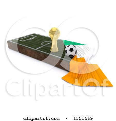 Clipart of a 3d Soccer Ball, Trophy Cup, Ivory Coast Flag and Pitch, on a Shaded Background - Royalty Free Illustration by KJ Pargeter