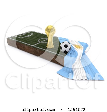 Clipart of a 3d Soccer Ball, Trophy Cup, Argentina Flag and Pitch, on a Shaded Background - Royalty Free Illustration by KJ Pargeter