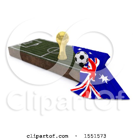 Clipart of a 3d Soccer Ball, Trophy Cup, Australia Flag and Pitch, on a Shaded Background - Royalty Free Illustration by KJ Pargeter
