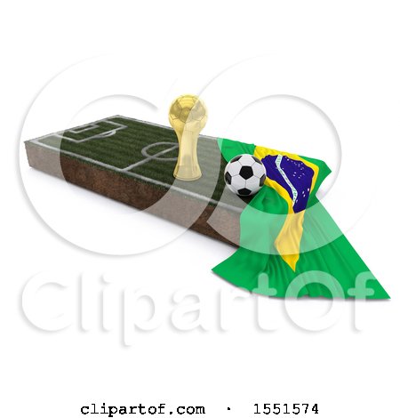 Clipart of a 3d Soccer Ball, Trophy Cup, Brazil Flag and Pitch, on a Shaded Background - Royalty Free Illustration by KJ Pargeter