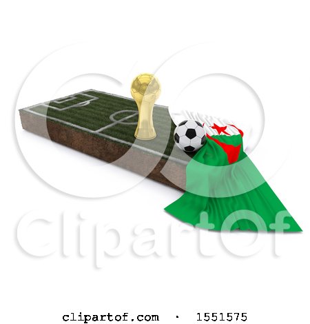 Clipart of a 3d Soccer Ball, Trophy Cup, Algeria Flag and Pitch, on a Shaded Background - Royalty Free Illustration by KJ Pargeter