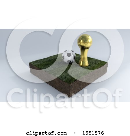 Clipart of a 3d Soccer Ball, Trophy Cup and Pitch, on a Shaded Background - Royalty Free Illustration by KJ Pargeter