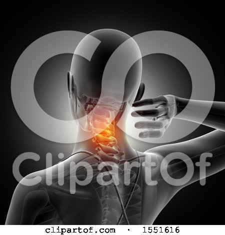 Clipart of a 3d Anatomical Woman with Visible Glowing Neck Pain, on Black - Royalty Free Illustration by KJ Pargeter