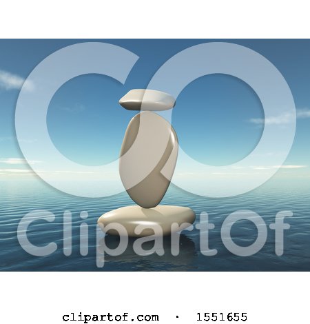 Clipart of a 3d White Zen Balanced Rocks and an Ocean Landscpe - Royalty Free Illustration by KJ Pargeter