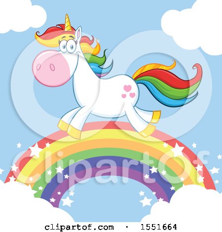 Clipart of a Colorful Haired Unicorn Running on a Rainbow - Royalty Free Vector Illustration by Hit Toon