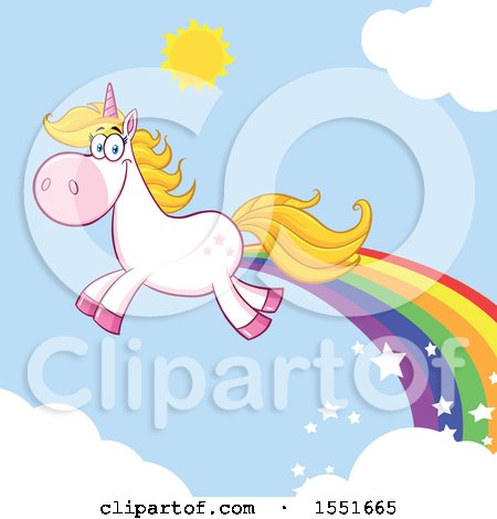 Clipart of a Flying Unicorn with a Rainbow Trail - Royalty Free Vector Illustration by Hit Toon