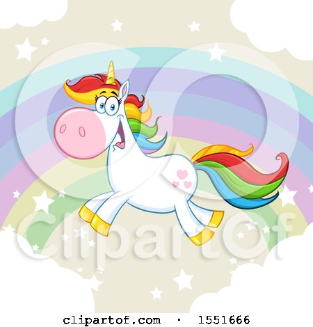 Clipart of a Colorful Haired Unicorn Flying over a Rainbow - Royalty Free Vector Illustration by Hit Toon