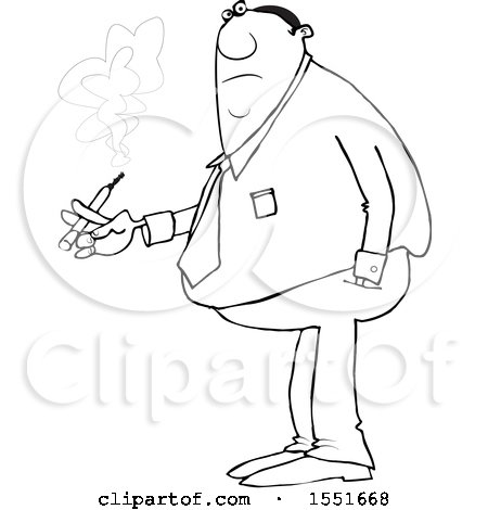 Clipart of a Cartoon Lineart Chubby Black Business Man Smoking a Cigarette - Royalty Free Vector Illustration by djart