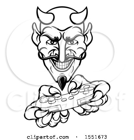 Clipart of a Black and White Grinning Evil Devil Playing with a Video Game Controller - Royalty Free Vector Illustration by AtStockIllustration