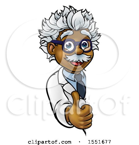 Clipart of a Happy Male Scientist Holding a Thumb up Around a Sign - Royalty Free Vector Illustration by AtStockIllustration