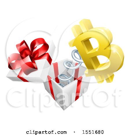 Clipart of a 3d Golden Bitcoin Currency Symbol Popping out of a Gift Box - Royalty Free Vector Illustration by AtStockIllustration