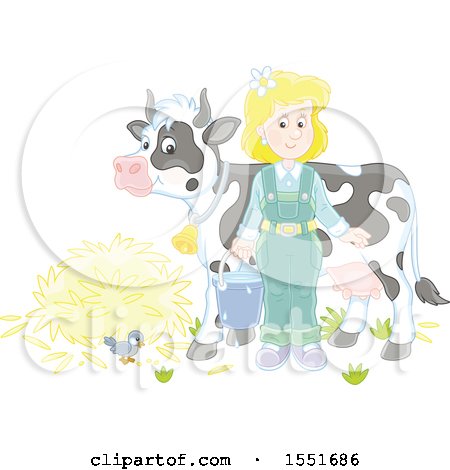 Clipart of a Blond Female Farmer Ready to Milk a Cow - Royalty Free Vector Illustration by Alex Bannykh