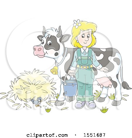 Clipart of a Blond White Female Farmer Ready to Milk a Cow - Royalty Free Vector Illustration by Alex Bannykh