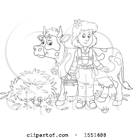 Clipart of a Lineart Female Farmer Ready to Milk a Cow - Royalty Free Vector Illustration by Alex Bannykh