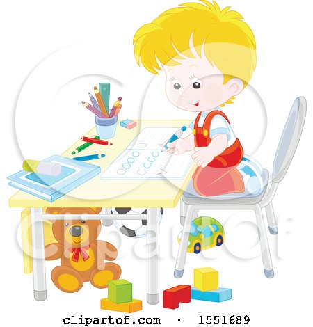 Clipart of a Caucasian School Boy Learning to Write Letters - Royalty Free Vector Illustration by Alex Bannykh