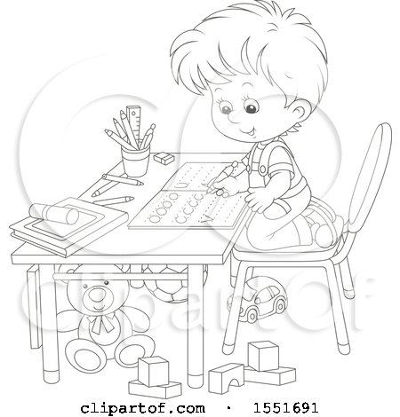 Clipart of a Lineart School Boy Writing Letters - Royalty Free Vector Illustration by Alex Bannykh