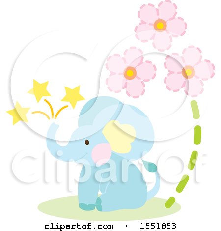 Clipart of a Cute Blue Baby Elephant and Flowers - Royalty Free Vector Illustration by Cherie Reve
