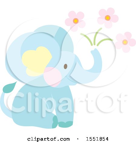 Clipart of a Cute Blue Baby Elephant and Flowers - Royalty Free Vector Illustration by Cherie Reve