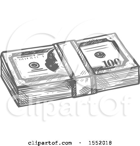 Clipart of a Sketched Grayscale Bundle of Cash Money - Royalty Free Vector Illustration by Vector Tradition SM