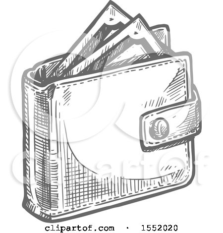 Clipart of a Sketched Grayscale Wallet with Cash Money - Royalty Free Vector Illustration by Vector Tradition SM