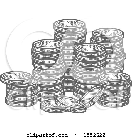 Clipart of Sketched Grayscale Stacked Coins - Royalty Free Vector Illustration by Vector Tradition SM