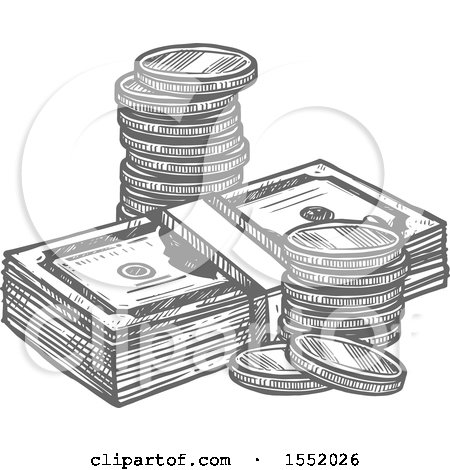 Clipart of Sketched Grayscale Coins and Cash Money - Royalty Free Vector Illustration by Vector Tradition SM