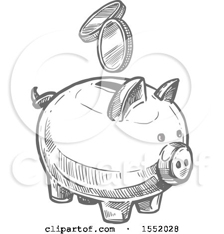 Clipart of a Sketched Grayscale Piggy Bank with Coins - Royalty Free Vector Illustration by Vector Tradition SM